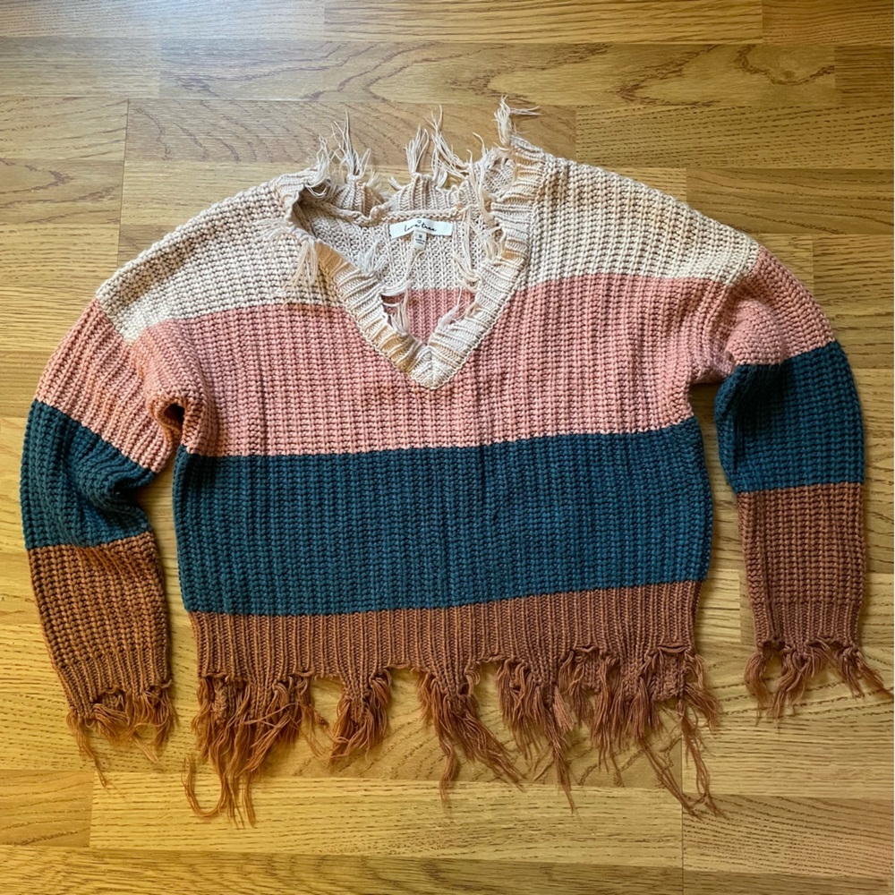 Love Tree over-sized knit fringe cropped sweater